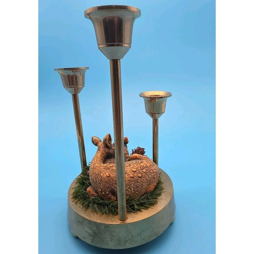 Brass Graduated Candle Holder With‎ Ceramic Deer 3 Candle